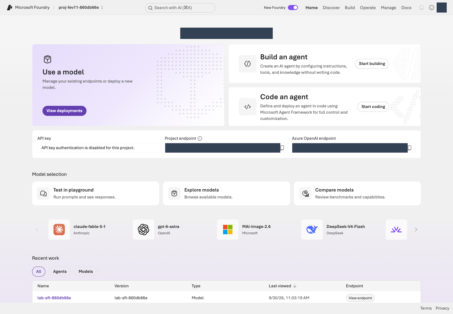 Microsoft Foundry 프로젝트 홈에서 프로젝트 선택과 endpoint를 확인하는 화면입니다.