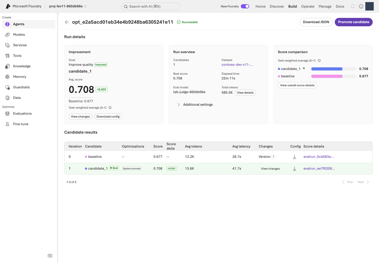 Agent Optimizer 결과에서 기준선과 후보별 점수·순위를 비교하는 화면입니다.