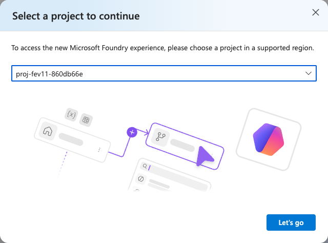 New Foundry에서 사용할 프로젝트를 선택하고 Let's go로 여는 대화상자입니다.