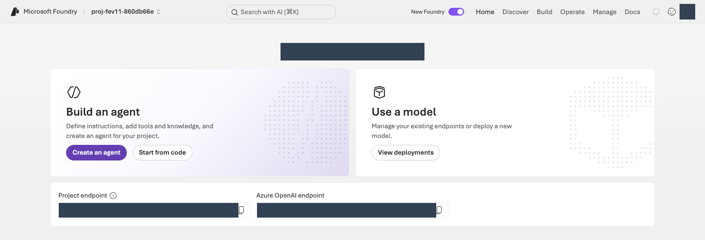 Microsoft Foundry 프로젝트 Home의 프로젝트 선택, View deployments, Project endpoint와 Azure OpenAI endpoint 위치입니다.