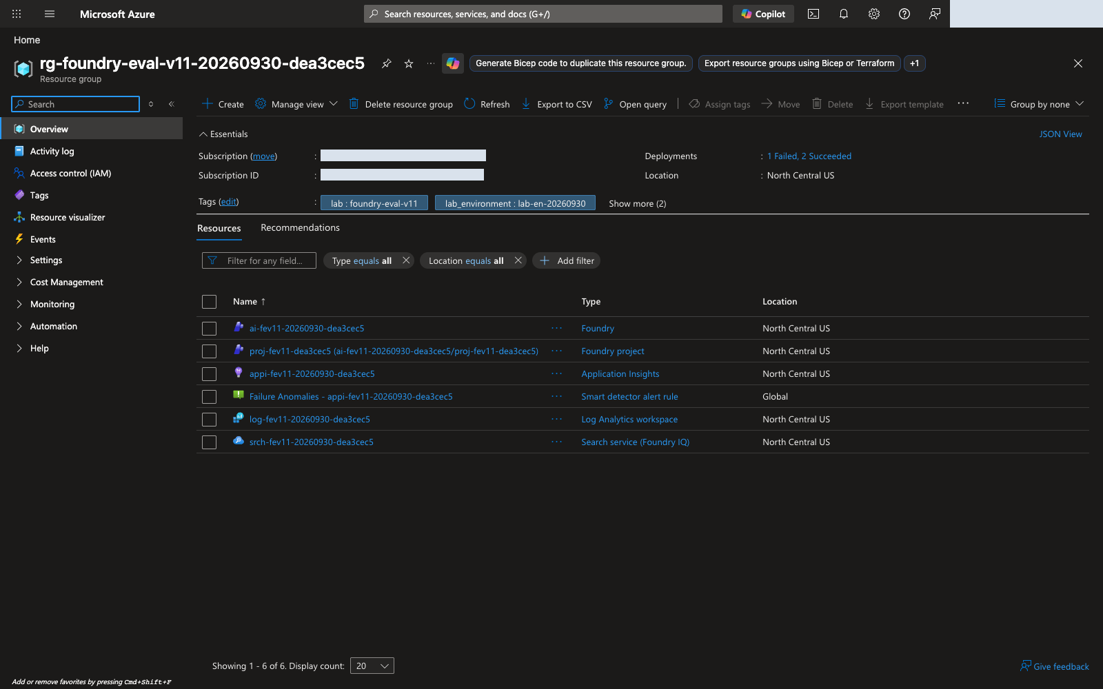 Azure portal resource-group Overview for checking the lab subscription, region, and resource inventory.