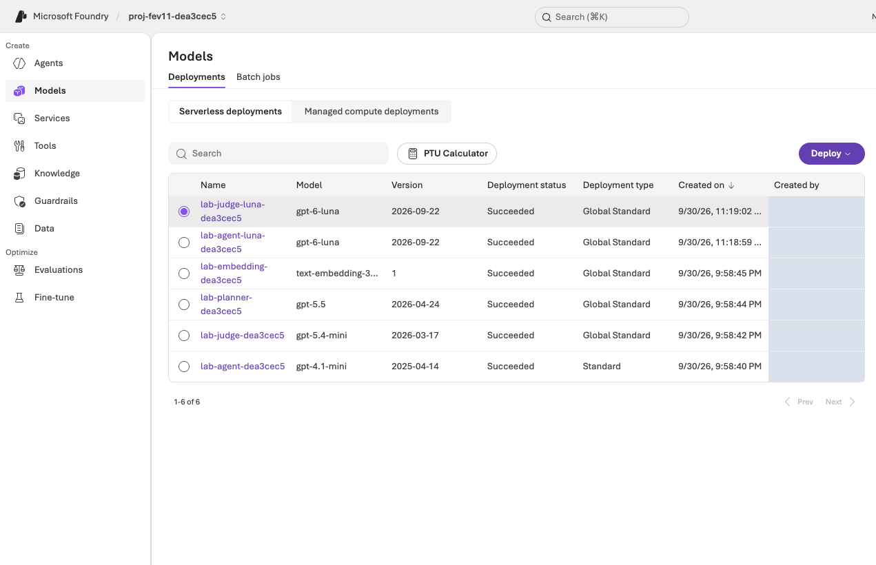 Microsoft Foundry model deployment list showing deployment names, models, versions, and readiness.
