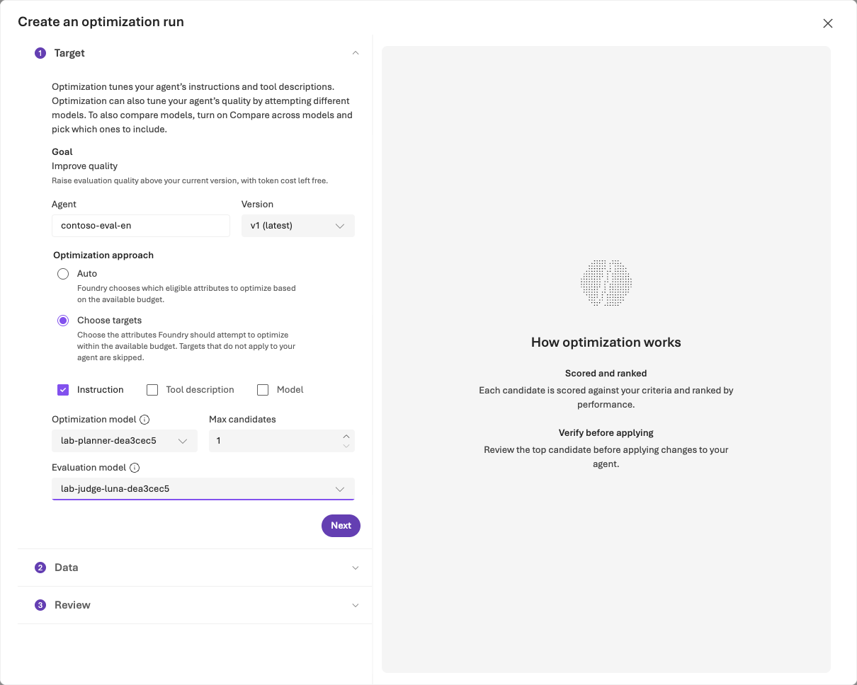 Agent Optimizer target settings for baseline version, Instruction only, candidate count, and model roles.