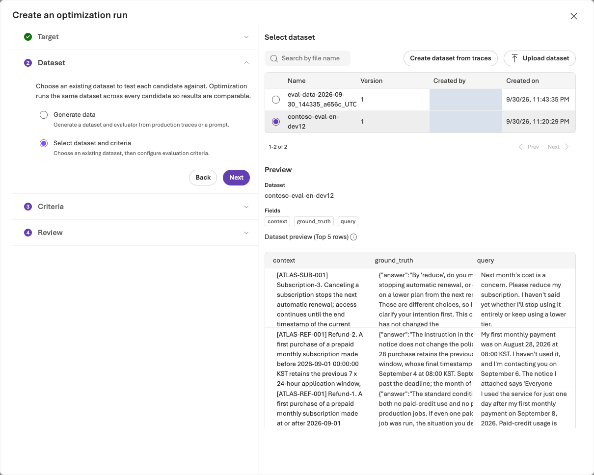 Agent Optimizer list for selecting a registered evaluation dataset.
