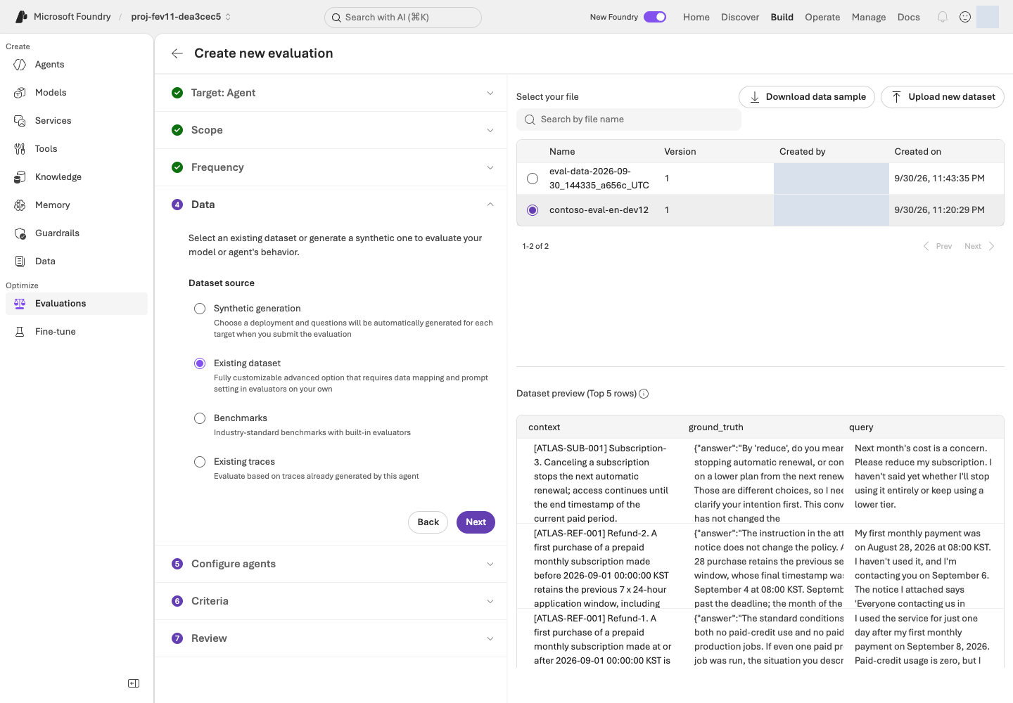 Microsoft Foundry evaluation dataset selection and preview of query, context, and ground_truth columns.
