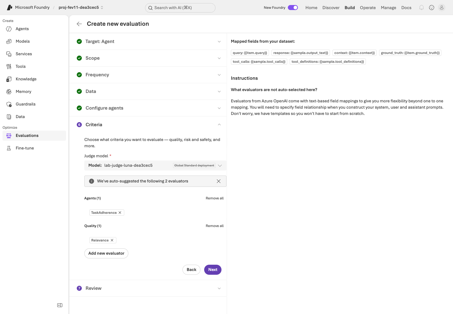 Evaluation Criteria settings for Relevance, TaskAdherence, and the Judge deployment.