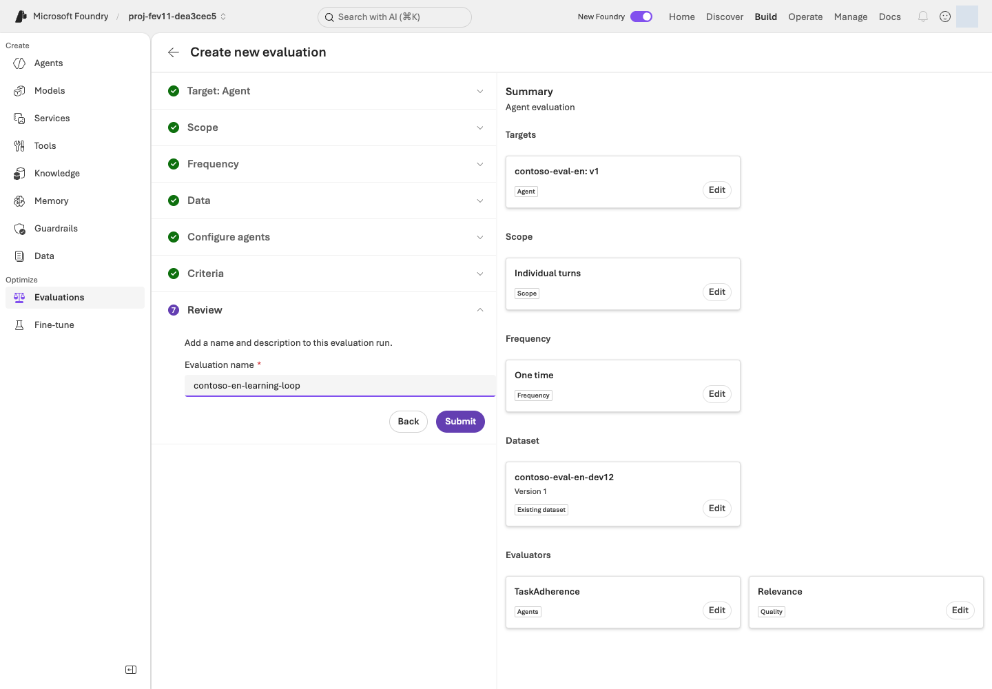 Microsoft Foundry evaluation Review page for checking Agent, version, dataset, and evaluator settings.