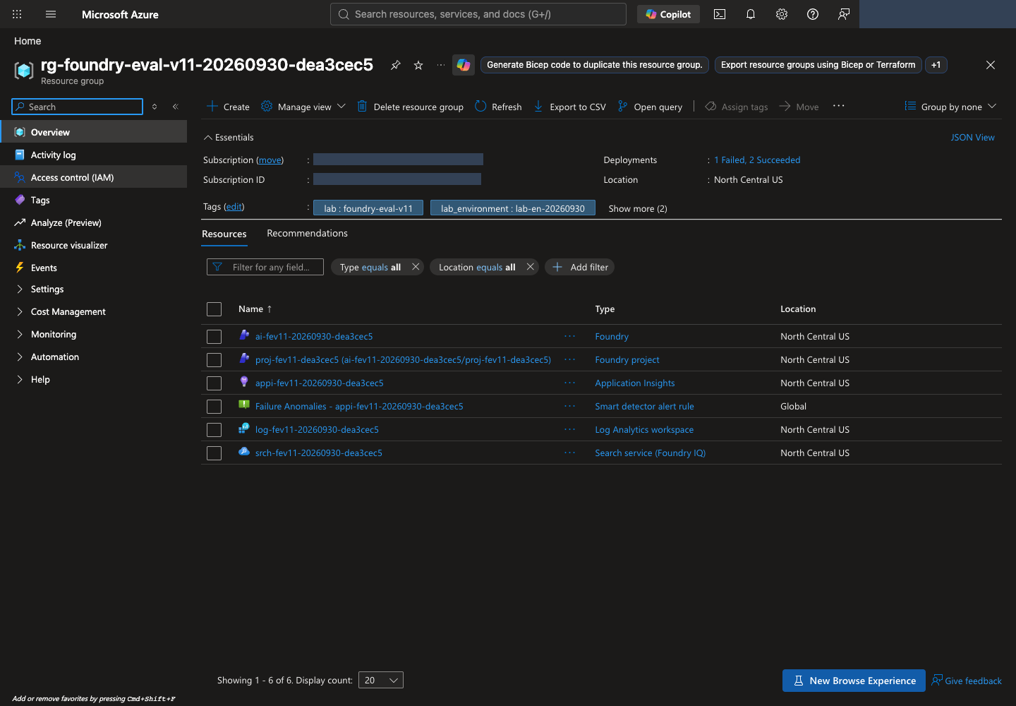 Resource group Overview showing Microsoft Foundry, project, Search, monitoring resources, and deployment status.