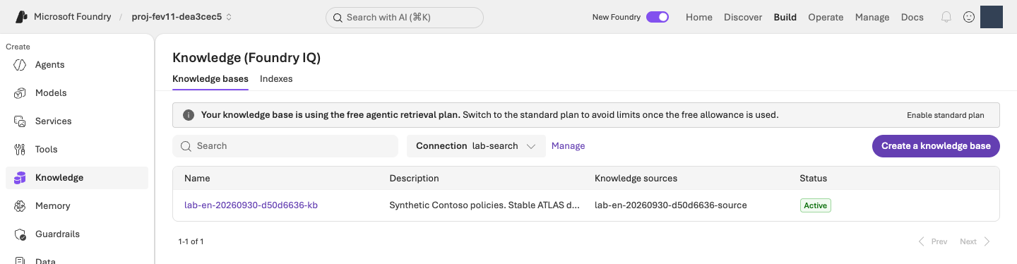 Knowledge page for Foundry IQ with Connection, knowledge-base name, Knowledge sources, and Active status.