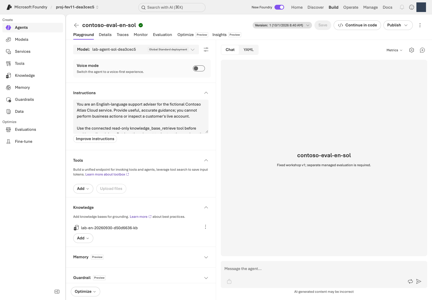 Playground tab of the Agent with Version, Model, Instructions, connected Knowledge, and Chat controls.