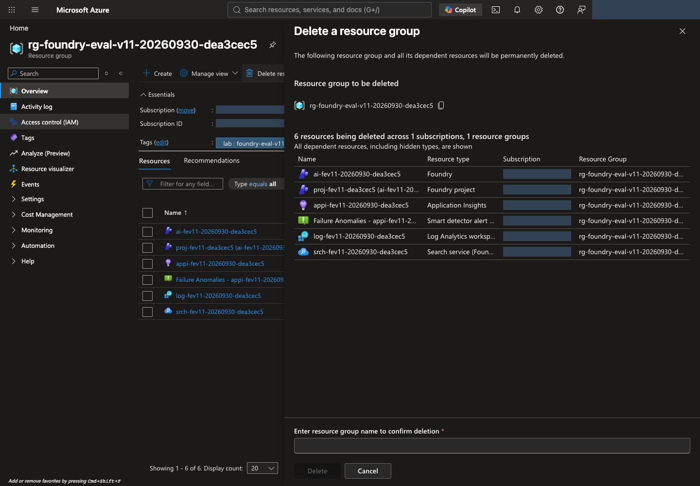 Resource-group deletion review with the target inventory, group-name confirmation field, and Delete and Cancel buttons.
