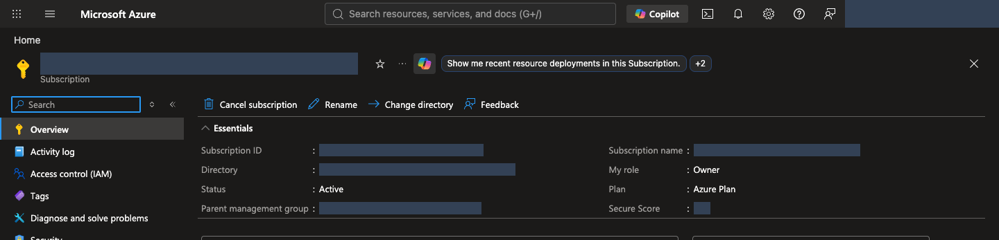 Microsoft Azure 구독 Overview의 Essentials에서 Subscription ID·Directory·Status·My role을 확인하는 화면입니다.