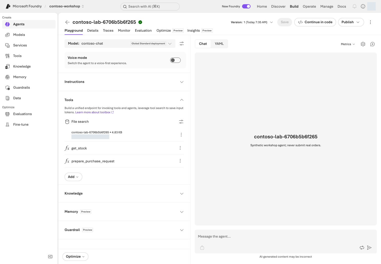 실제 agent의 Instructions를 접어 Tools와 Knowledge를 펼쳐 볼 수 있게 한 화면. File search 카드와 별도의 get_stock·prepare_purchase_request 함수가 구분되어 있다.