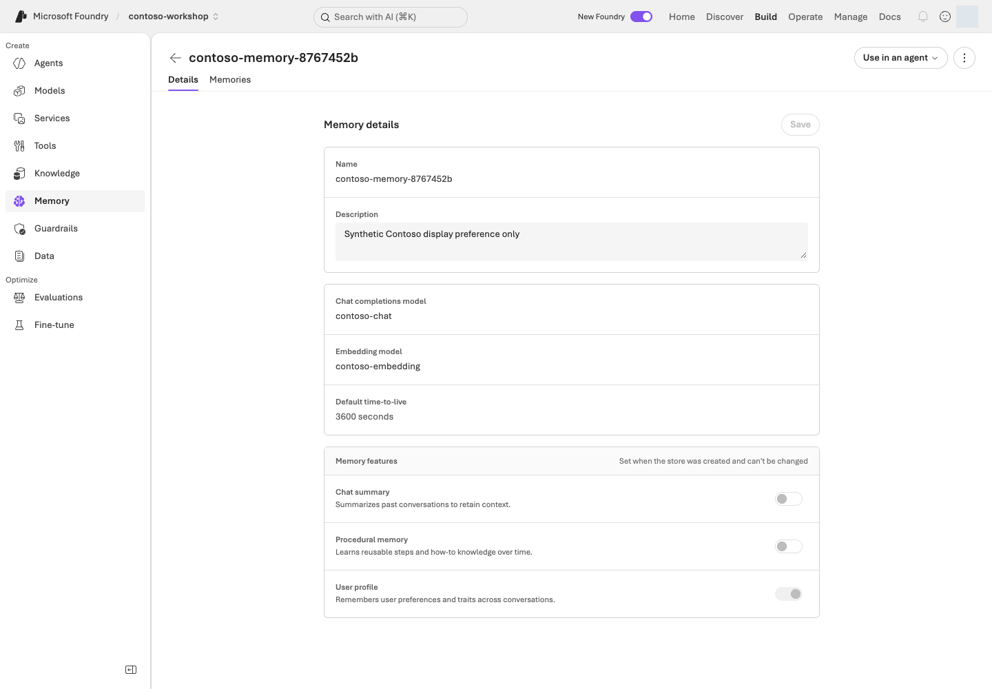 실제 Memory store의 Details 화면. chat·embedding 모델, 기본 TTL 3600초, User profile 활성과 Chat summary·Procedural memory 비활성이 표시된다.