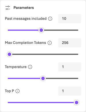 모델 Playground의 실제 Parameters 대화상자. Max Completion Tokens를 256으로 제한하고 나머지 기본 매개변수를 확인한 모습.