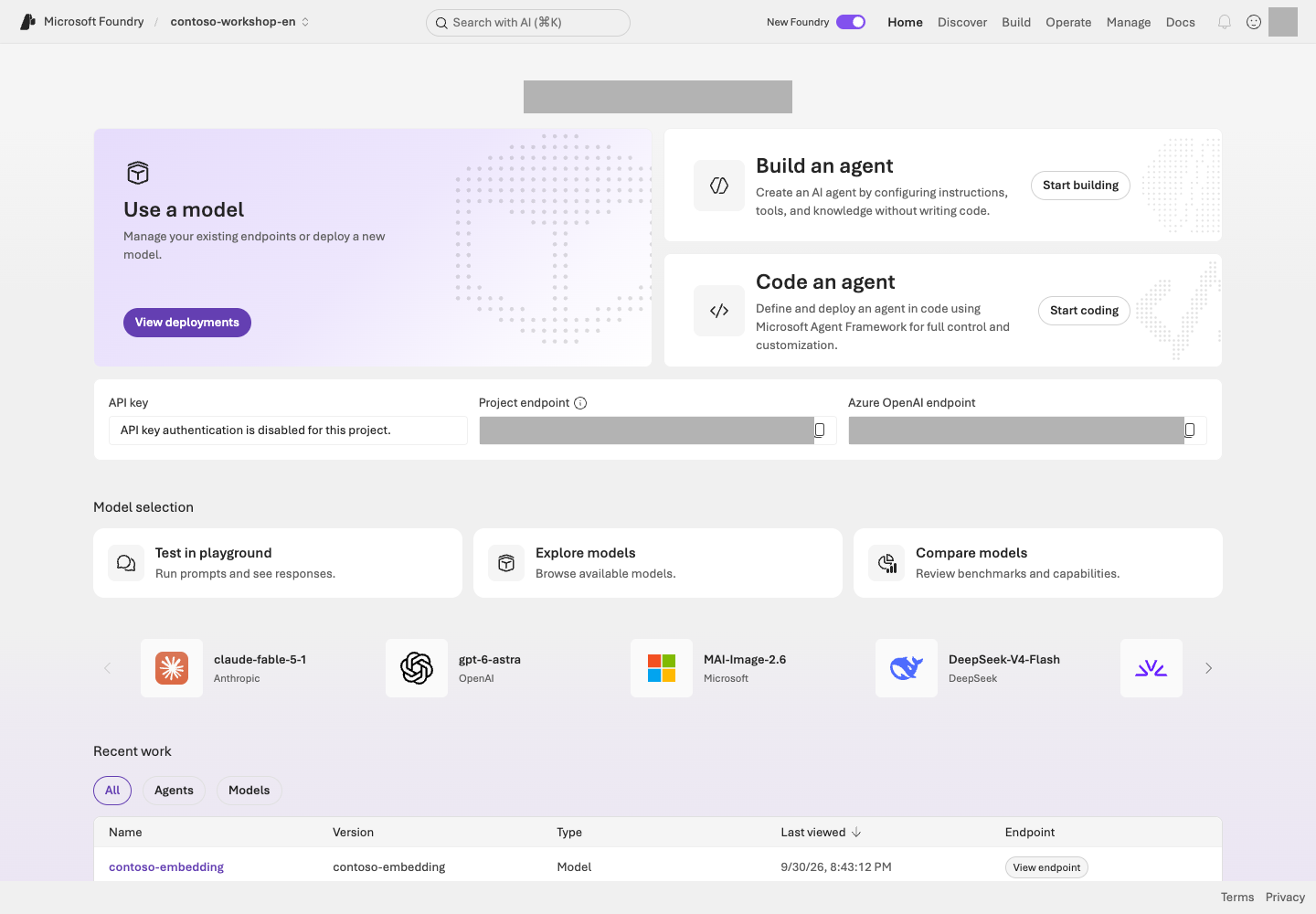 Home in the English Contoso project, contoso-workshop-en. Locate Home, Discover, Build, Operate, Manage, and the project and Azure OpenAI endpoint fields.