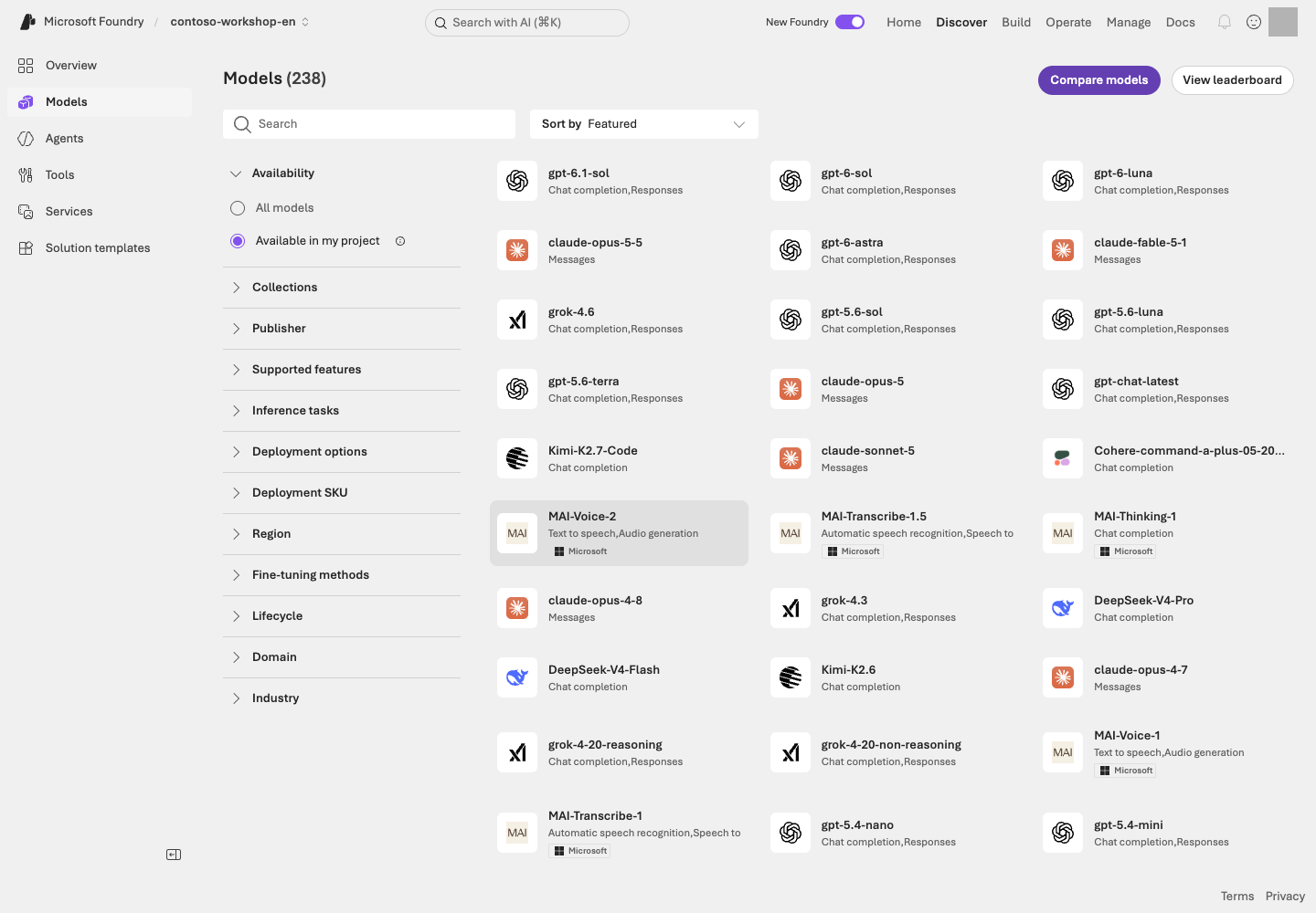 Discover → Models in the English Contoso project, with search, Available in my project, feature/deployment filters, and model cards.