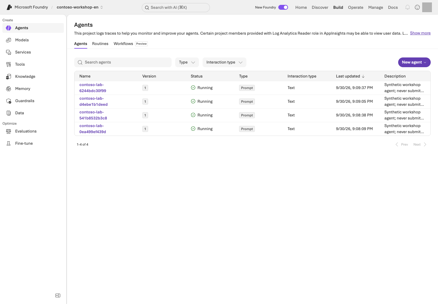 Build → Agents in contoso-workshop-en. Compare Prompt/Hosted types and actual numeric versions for the separate English deployments.