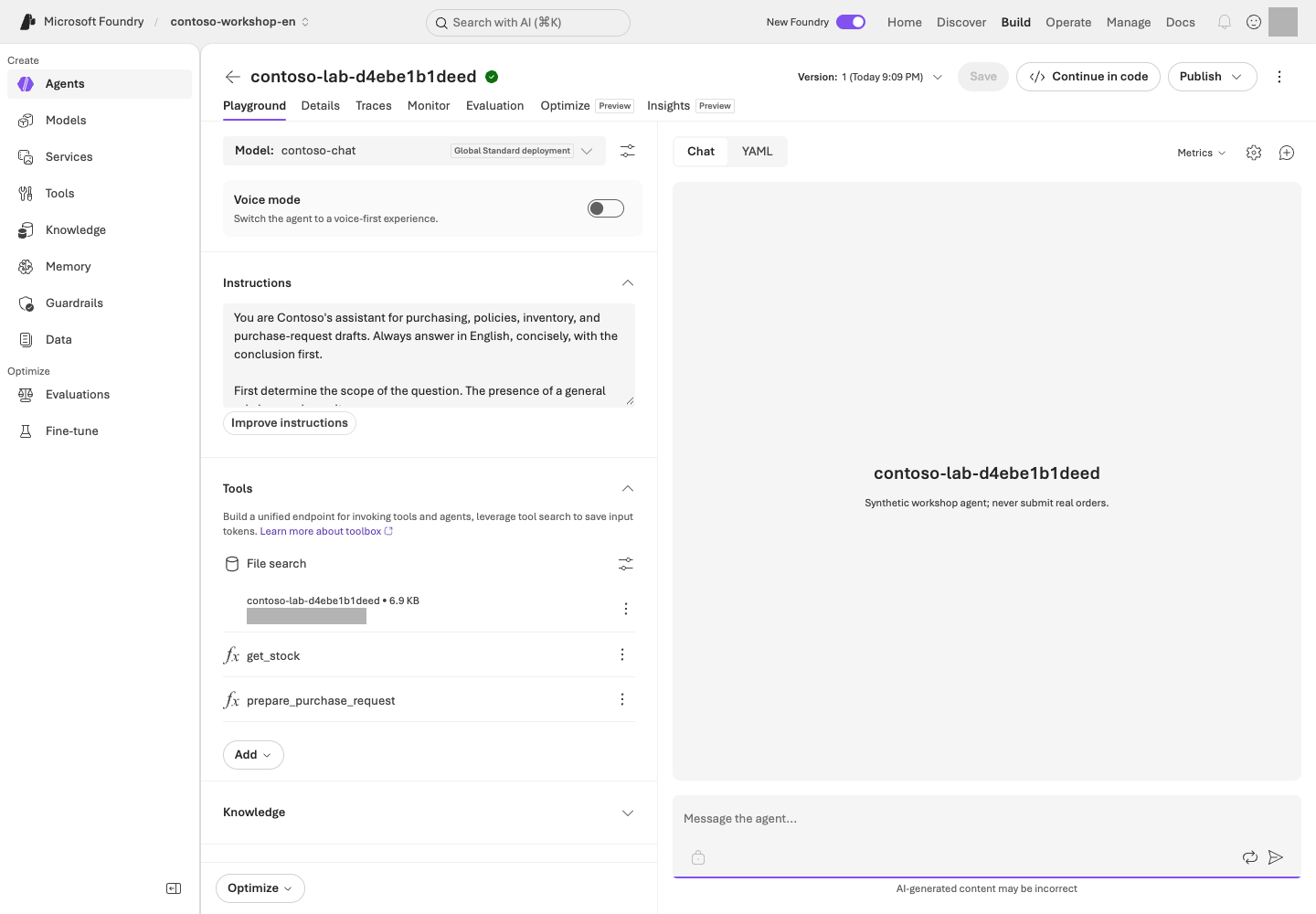 The Prompt Agent Playground in contoso-workshop-en, with English instructions, model/tools settings, conversation input, and version controls.
