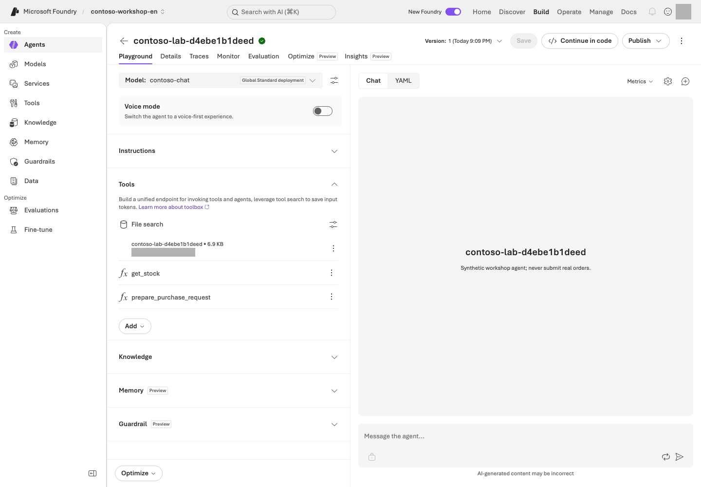 Tools and Knowledge in the English Contoso agent. Distinguish File search over English policies from the get_stock and prepare_purchase_request functions.