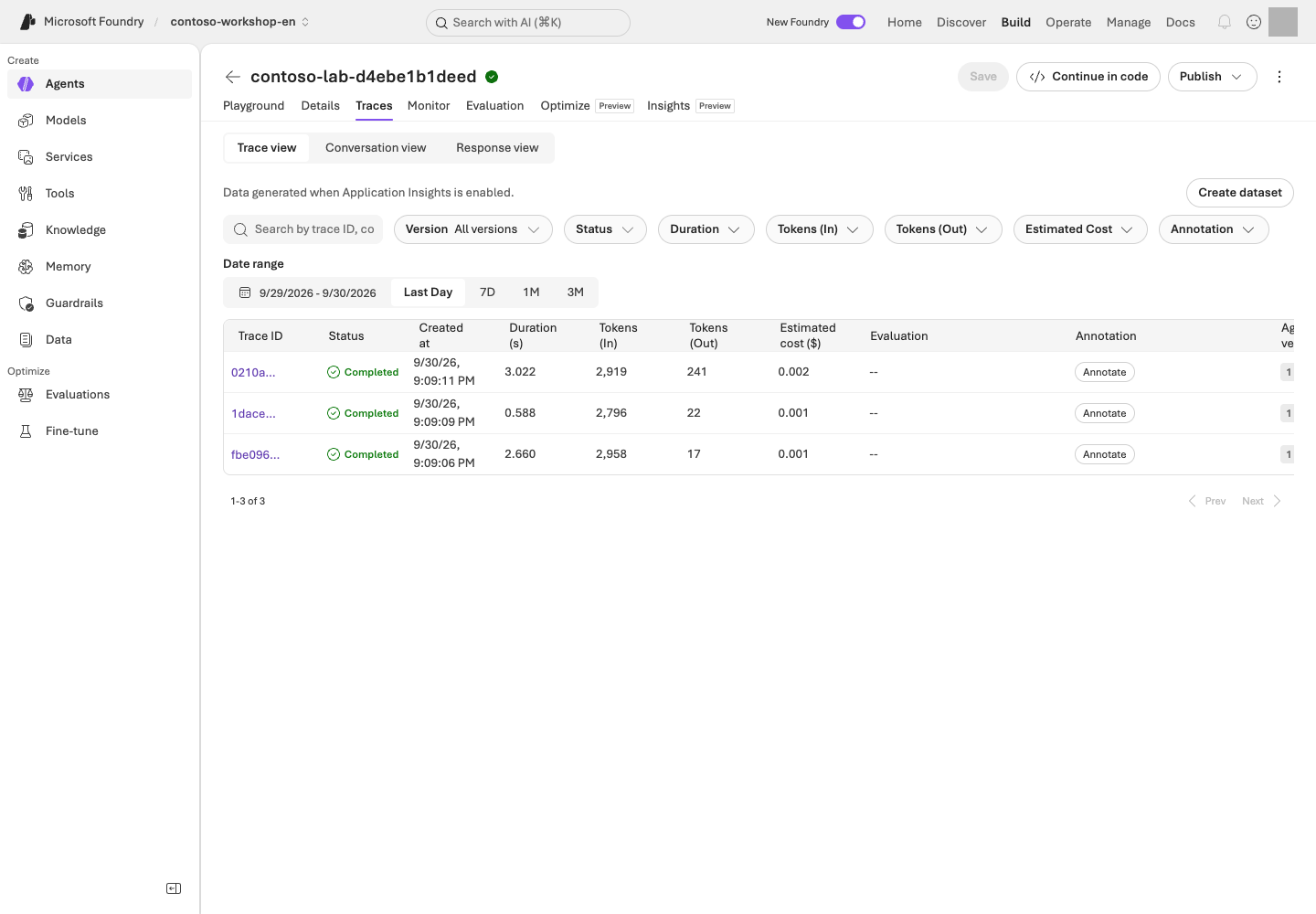 Prompt Agent Traces for the English Contoso project. Locate ID search, version/status/date filters, durations, tokens, and estimated costs without exposing identifying values.