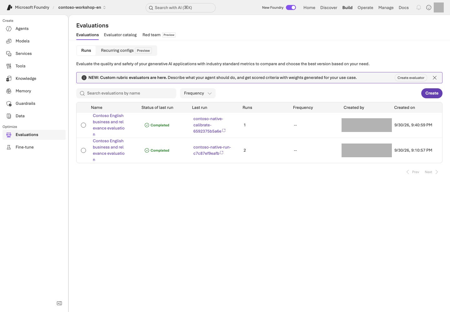 Foundry evaluation view. Locate execution status and per-row scores, errors, and omissions.