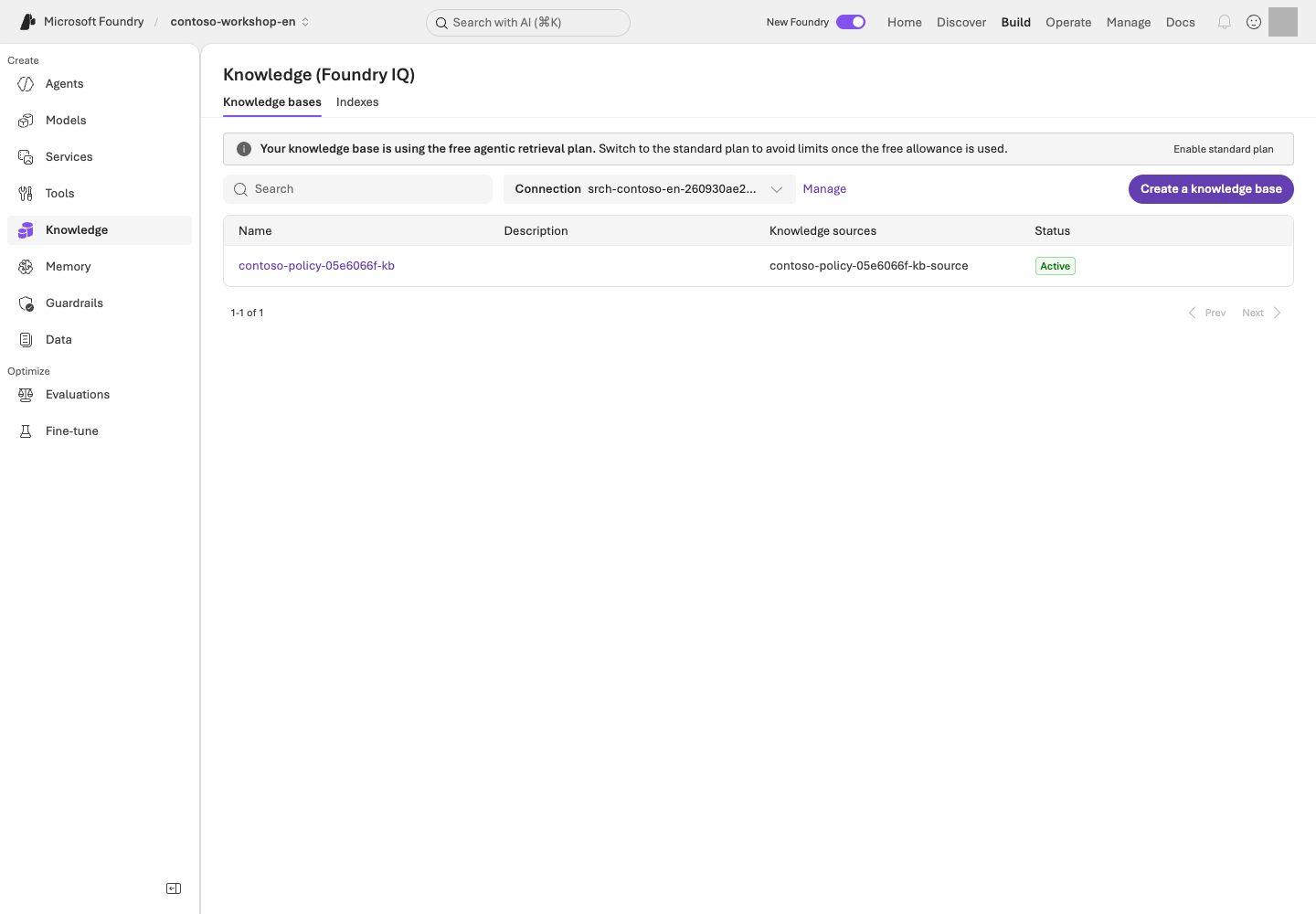 Build → Knowledge for contoso-workshop-en, with the English Search connection using Project Managed Identity. Inspect knowledge bases, indexes, and the selected Search resource.