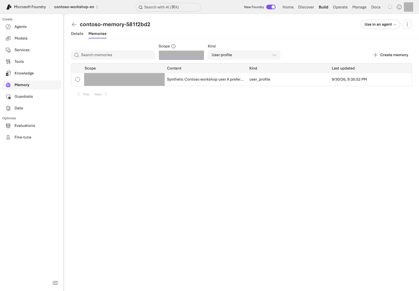 The Memories tab in contoso-workshop-en shows the stored English preference for synthetic user A. The scope selector and scope identifier are masked; the preference text remains visible.