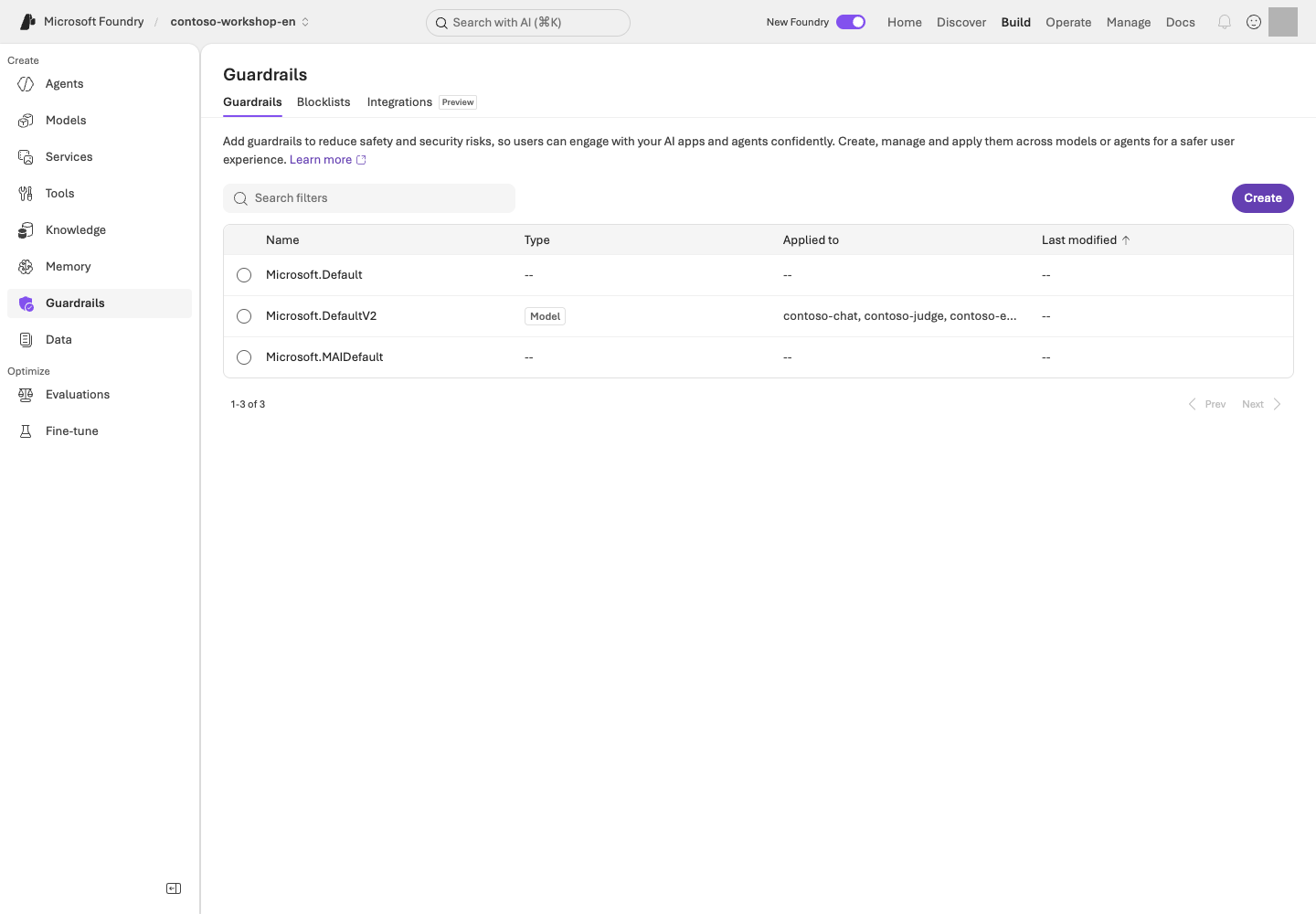 Build → Guardrails in contoso-workshop-en. Compare policy Type and Applied to with the English project's model deployments.