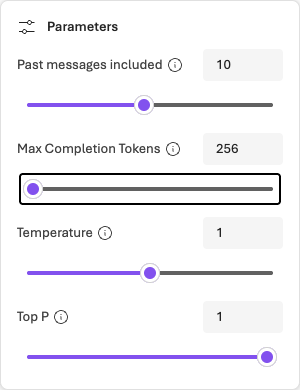 The Parameters dialog for the English model Playground. Check Max Completion Tokens before any approved request.