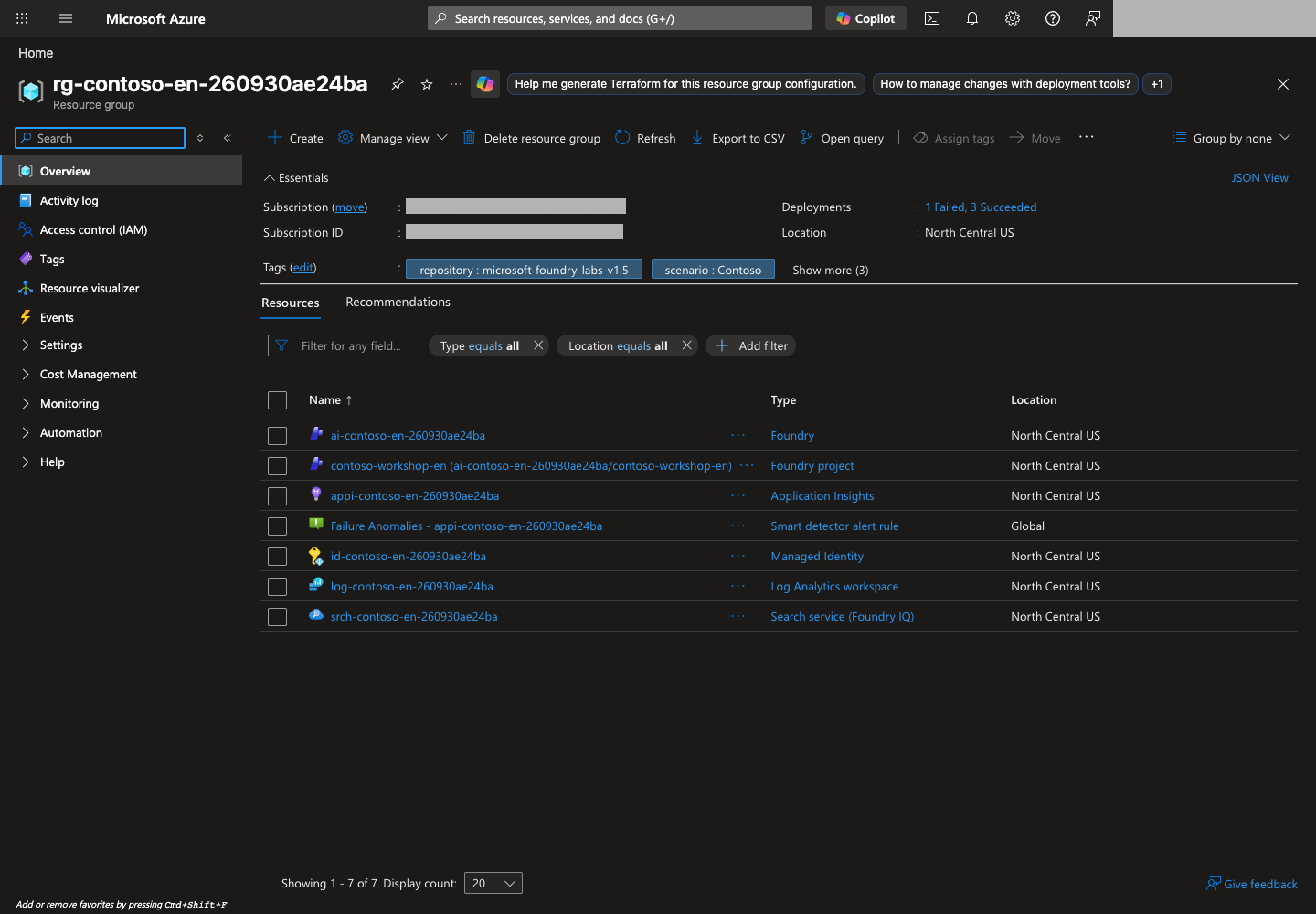 Azure portal resource group overview for the isolated English Contoso run. Compare its ownership and scope with your English environment receipt.